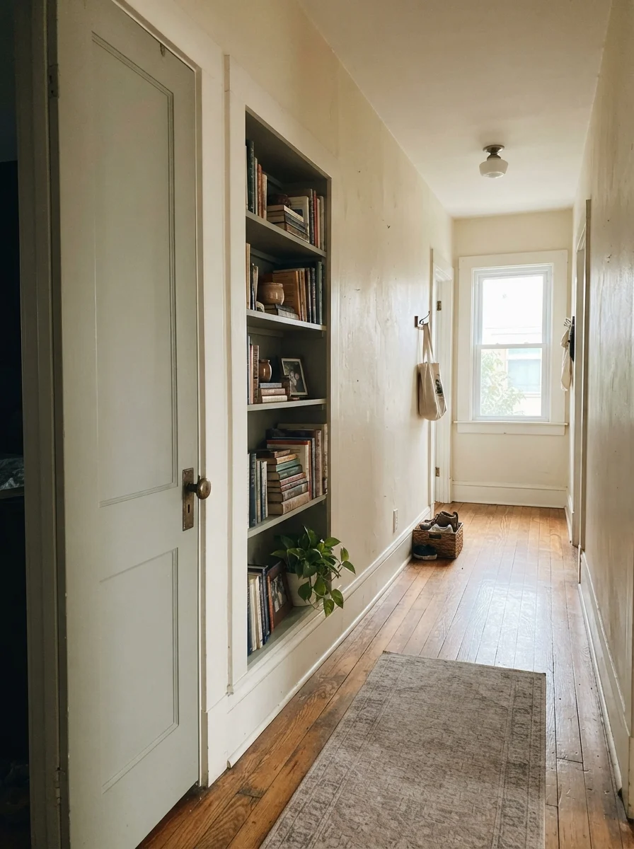 Hallway featuring a Clary Sage painted interior door and built-in bookshelf against cream walls with wood floors.