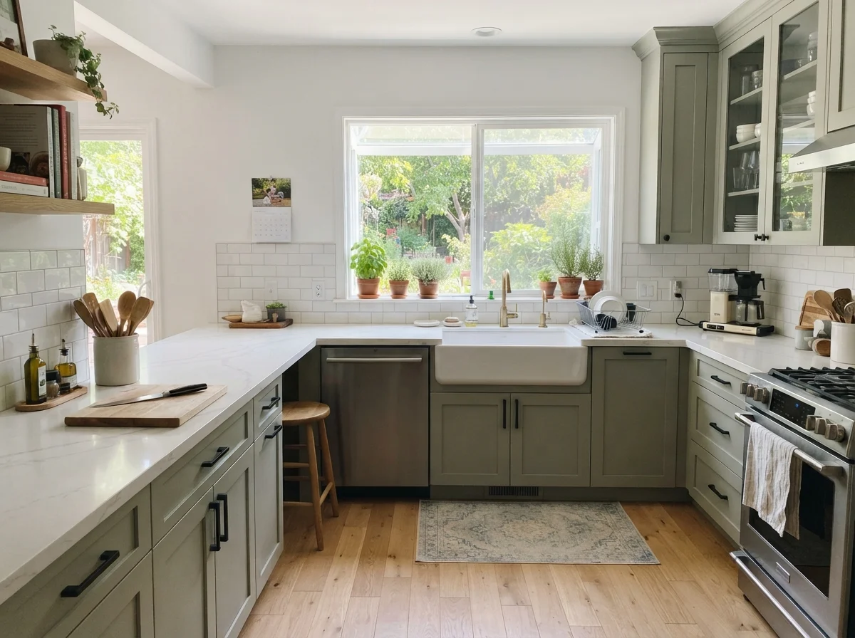 Kitchen shaker cabinets painted Clary Sage with white countertops, subway backsplash, and light oak flooring.