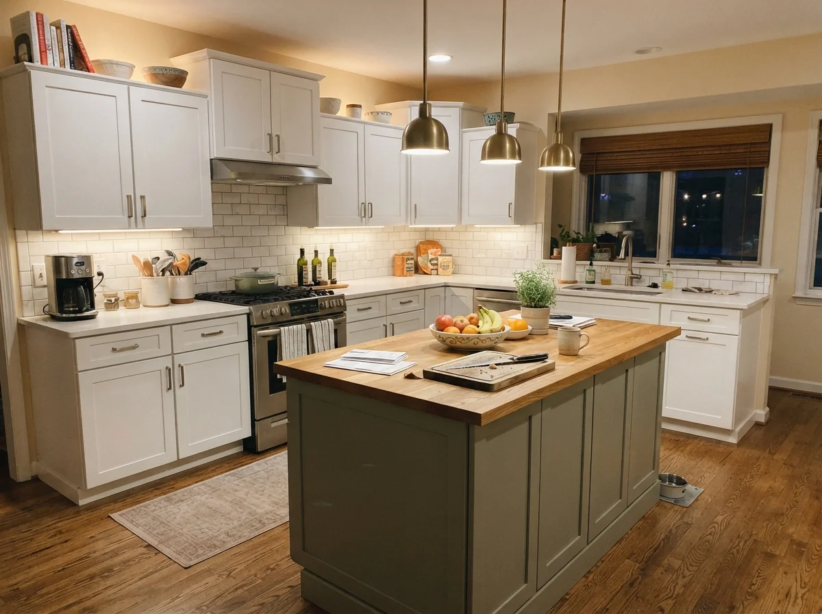 Kitchen island painted Clary Sage surrounded by white cabinets and cream walls in warm evening light.