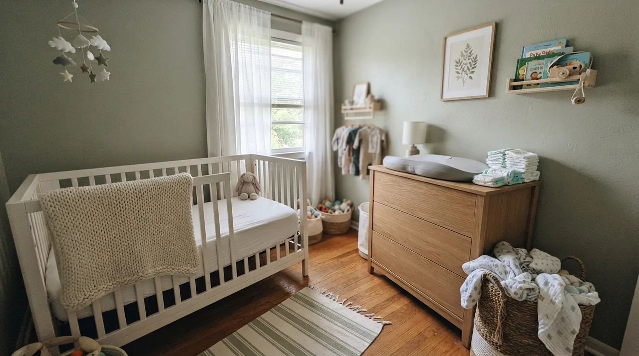 Nursery featuring soft Clary Sage walls, a white crib, and a light-wood dresser changing table in diffuse daylight.