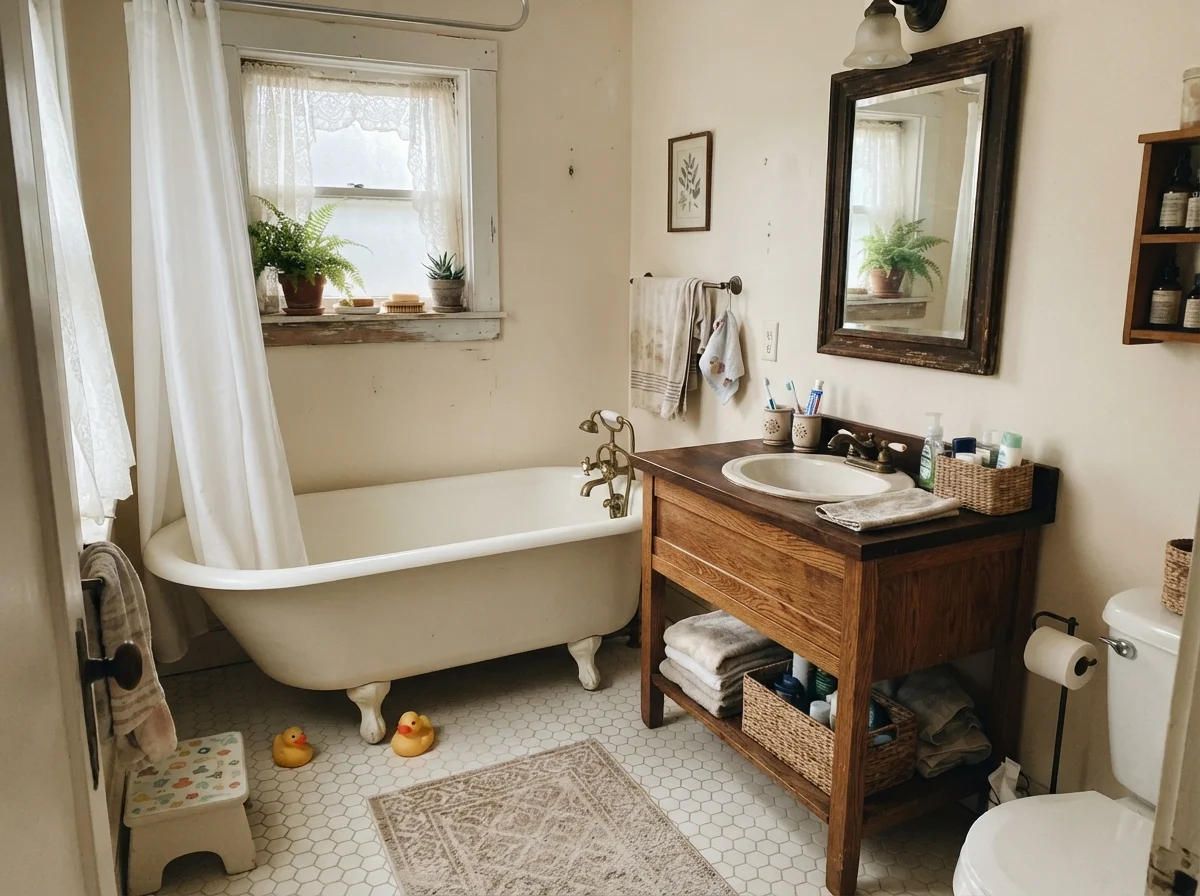 Cottage bathroom featuring white clawfoot tub, hex tile floor, warm oak vanity, mirror, and painted walls.