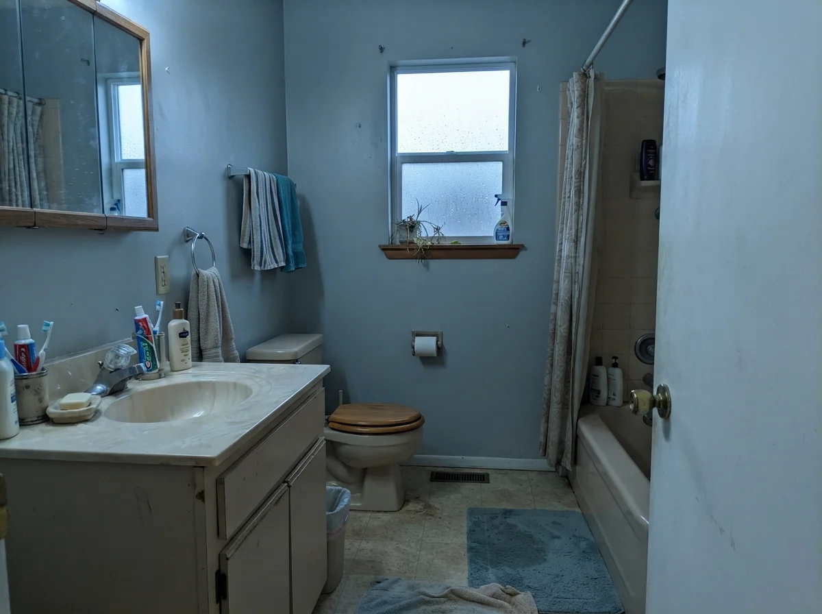 Dated bathroom with painted walls showing cool tones, older beige vanity, toilet, and window on a rainy day.