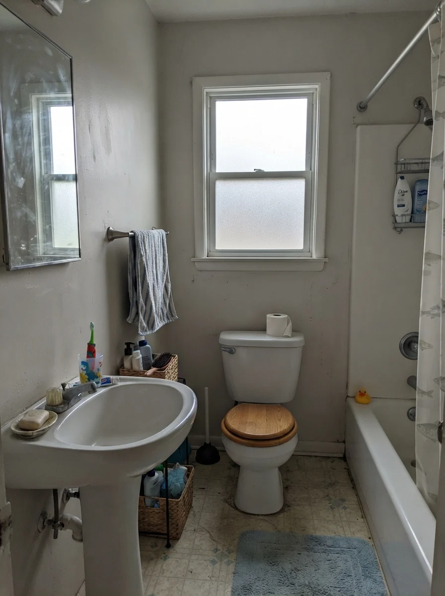 Small bathroom with painted walls looking muted in flat light, white fixtures, and a towel bar.