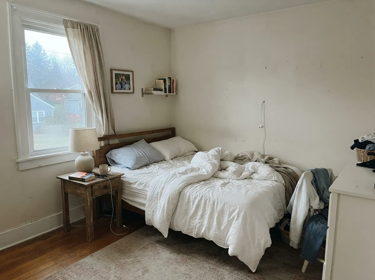 Simple bedroom with unmade white bedding, wood nightstand with lamp off, and pale painted walls in morning light.