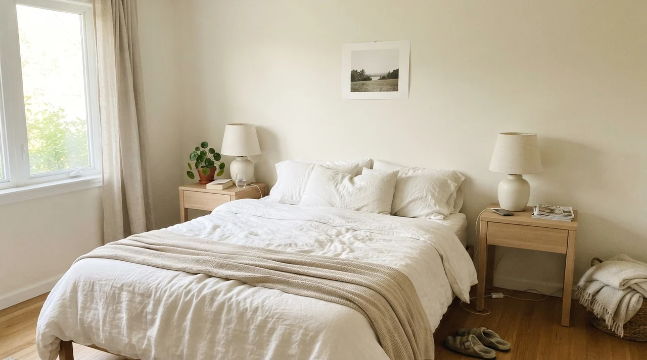 Main bedroom with painted walls, white linen bedding, pale oak nightstands, ceramic lamps, and a plant.