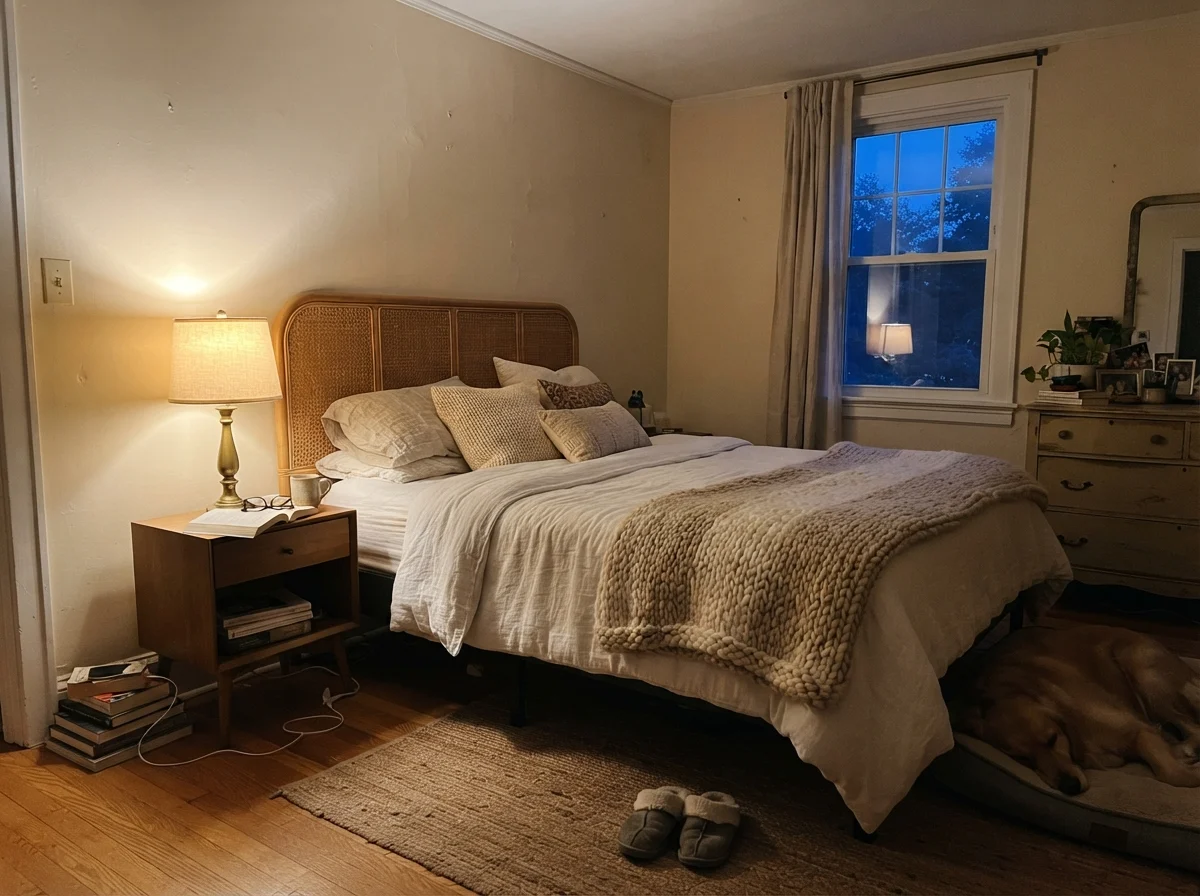 Bedroom at evening with lamp glow on painted walls, rattan headboard, and cozy blanket.
