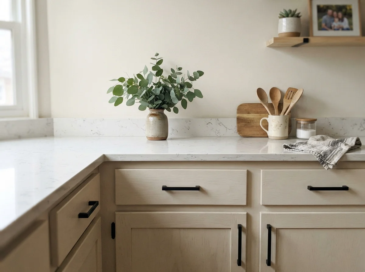 Close-up of cream shaker cabinet fronts with matte black hardware, quartz counter, and eucalyptus vase.