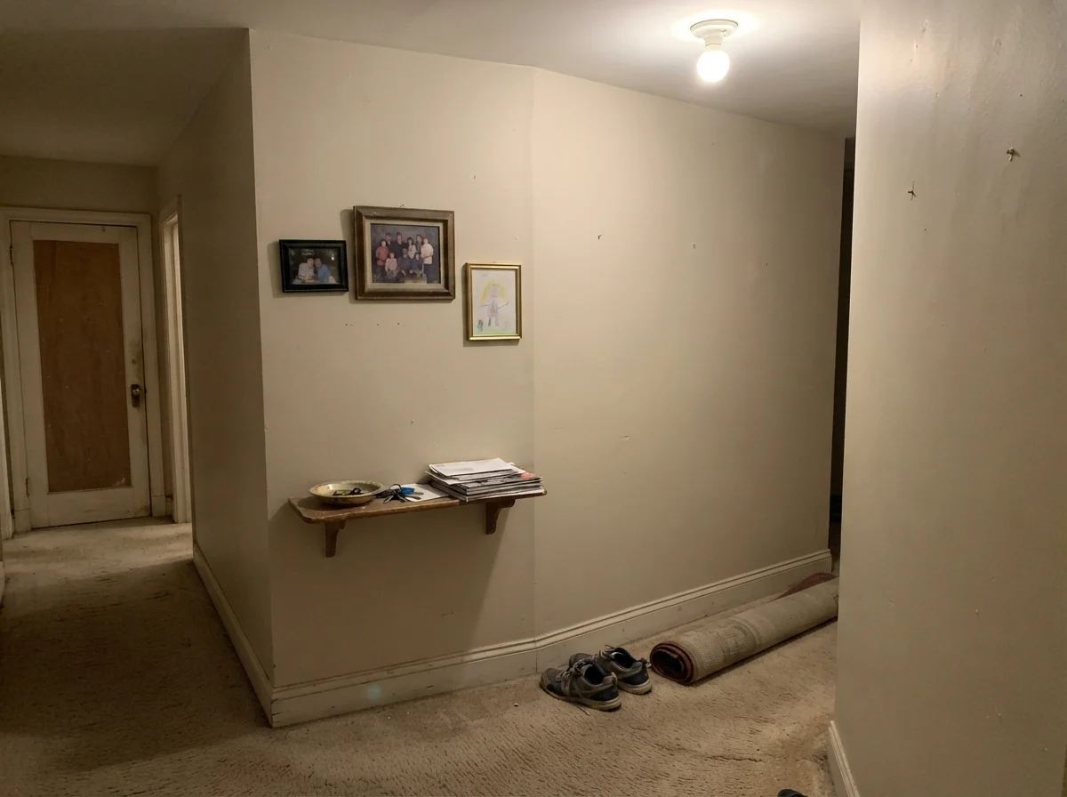 Windowless hallway corner with painted wall reading flat and muddy under a ceiling bulb, beige carpet, and frames.