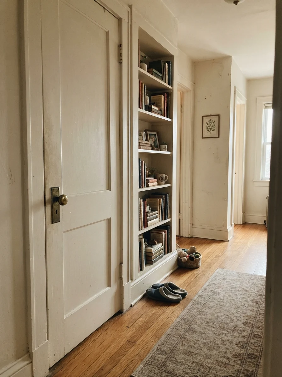 Hallway in an older home with painted interior door, built-in bookshelf, brass knob, wood floor, and books.