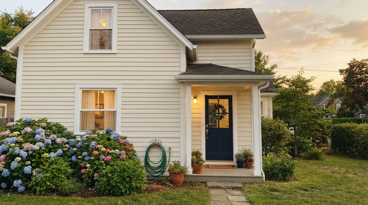 House exterior with horizontal siding painted cream, white trim, navy front door, small porch, and hydrangeas.