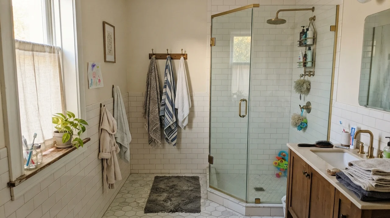 Family bathroom with painted walls above white subway tile wainscot, brass shower fixtures, glass shower door, towels on hooks, and a bath mat.