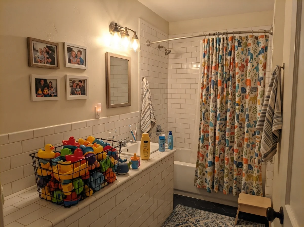 Kids' bathroom with painted walls over white subway tile, shower curtain, wire basket of bath toys, and family photos.