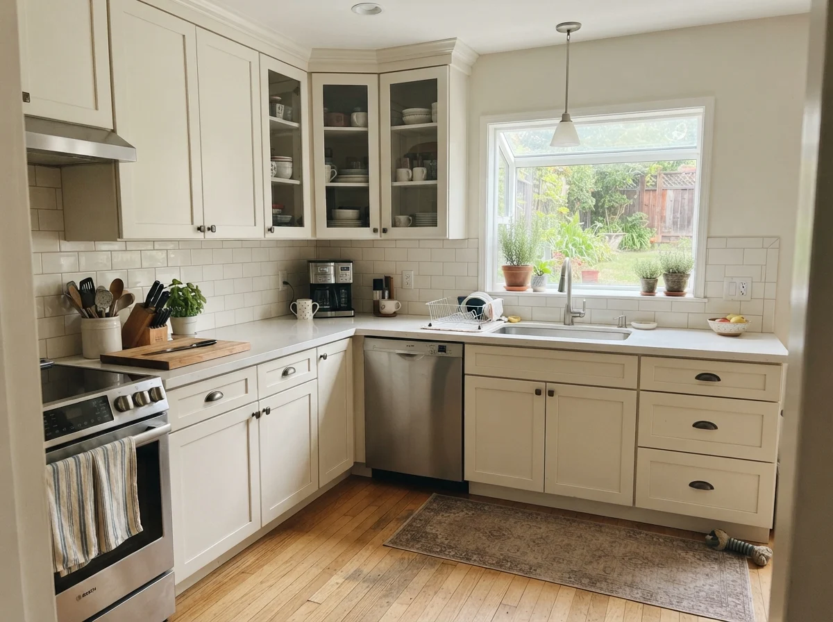 Kitchen shaker cabinets painted cream with white subway tile backsplash, white counters, and oak floor.