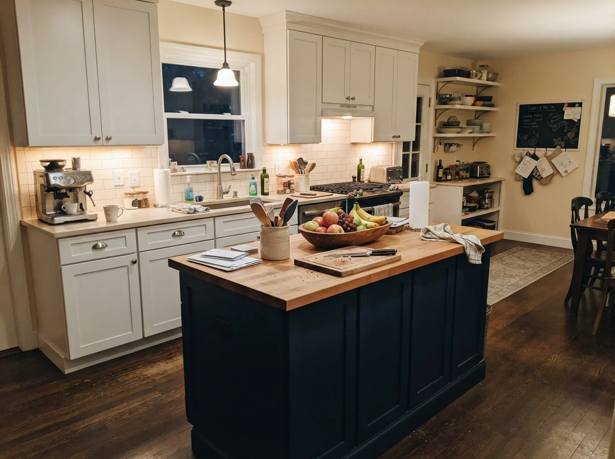 Family kitchen with cream painted island, surrounding white cabinets, cutting board, and fruit bowl.