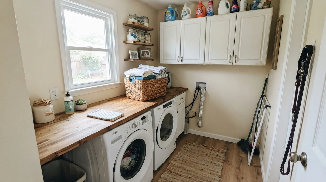 Bright laundry room with painted walls, white cabinets, butcher-block counter, washer, dryer, and basket.