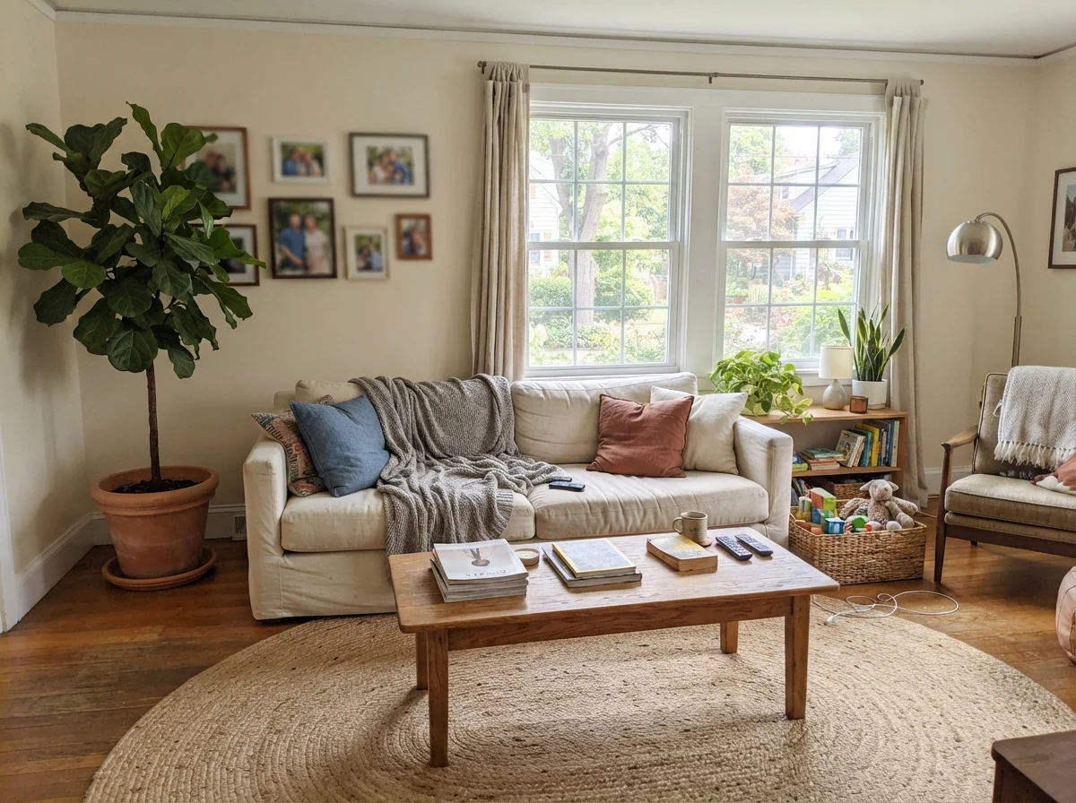 Living room with painted walls in midday light, linen sofa, wood coffee table, jute rug, and potted plant.