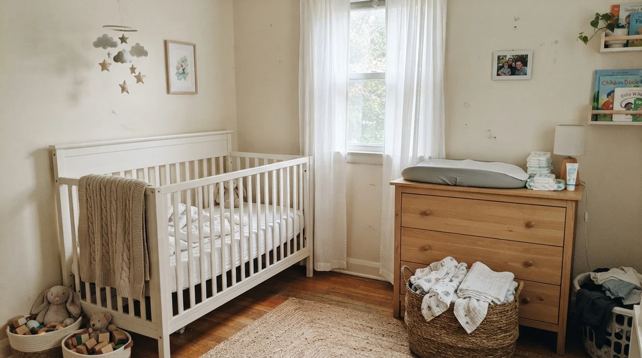 Nursery with painted walls, white crib, knit blanket, light wood dresser, and basket of cloths.
