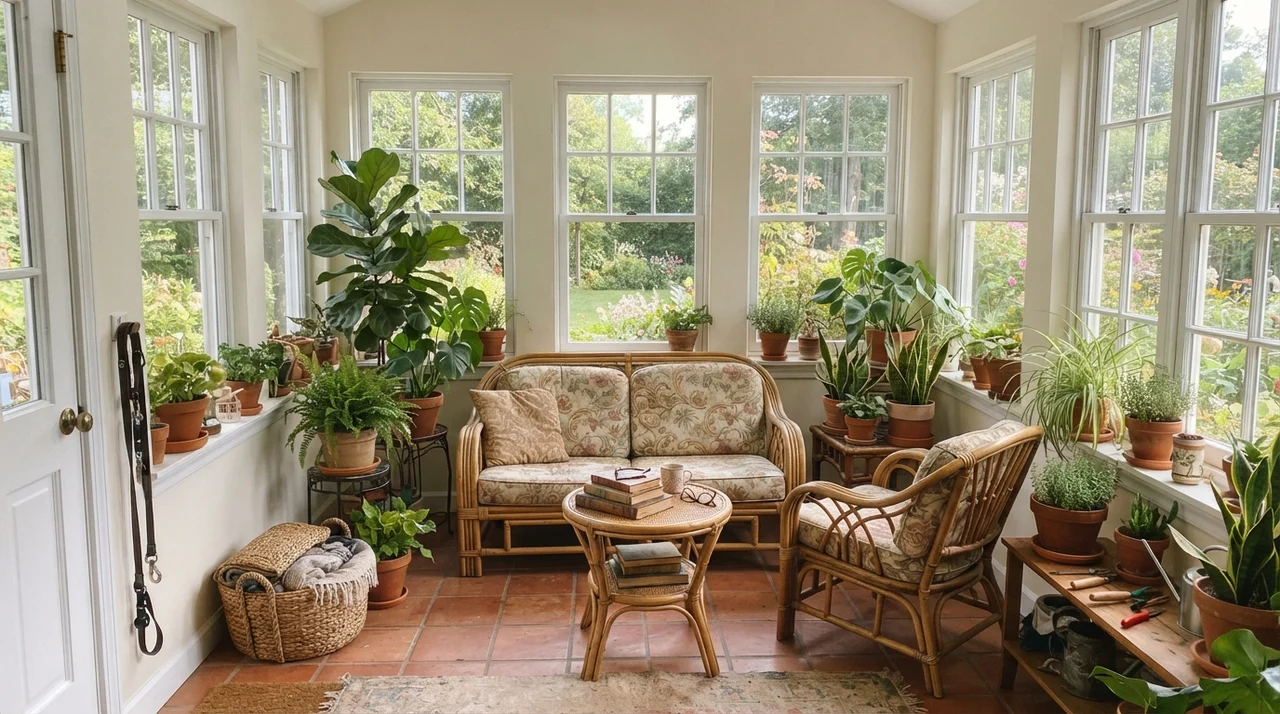 Sunroom featuring painted walls between white windows, rattan furniture, and terracotta potted plants.
