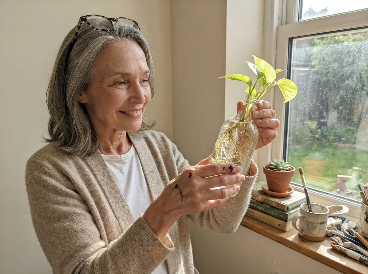 Susan inspecting propagating pothos cuttings in a glass bottle on a windowsill against warm cream walls.