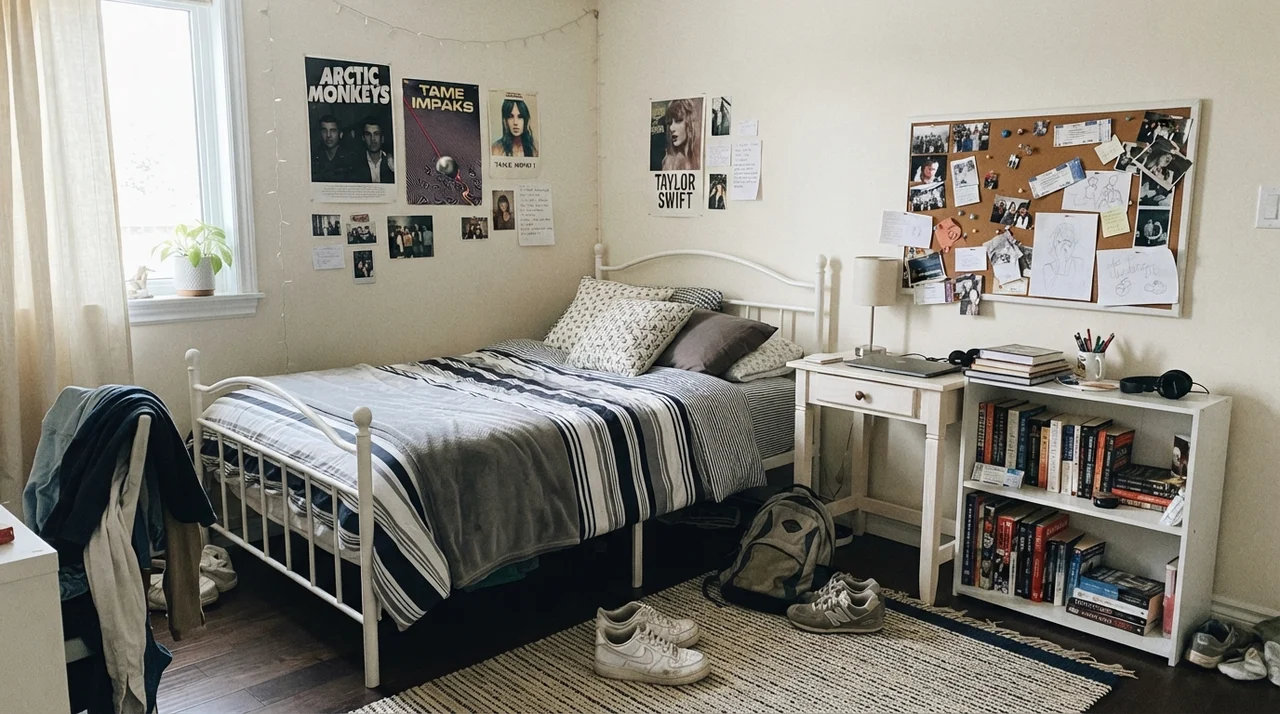 Teenager bedroom with painted walls, white metal bed, desk with corkboard, shelves, and sneakers on the rug.