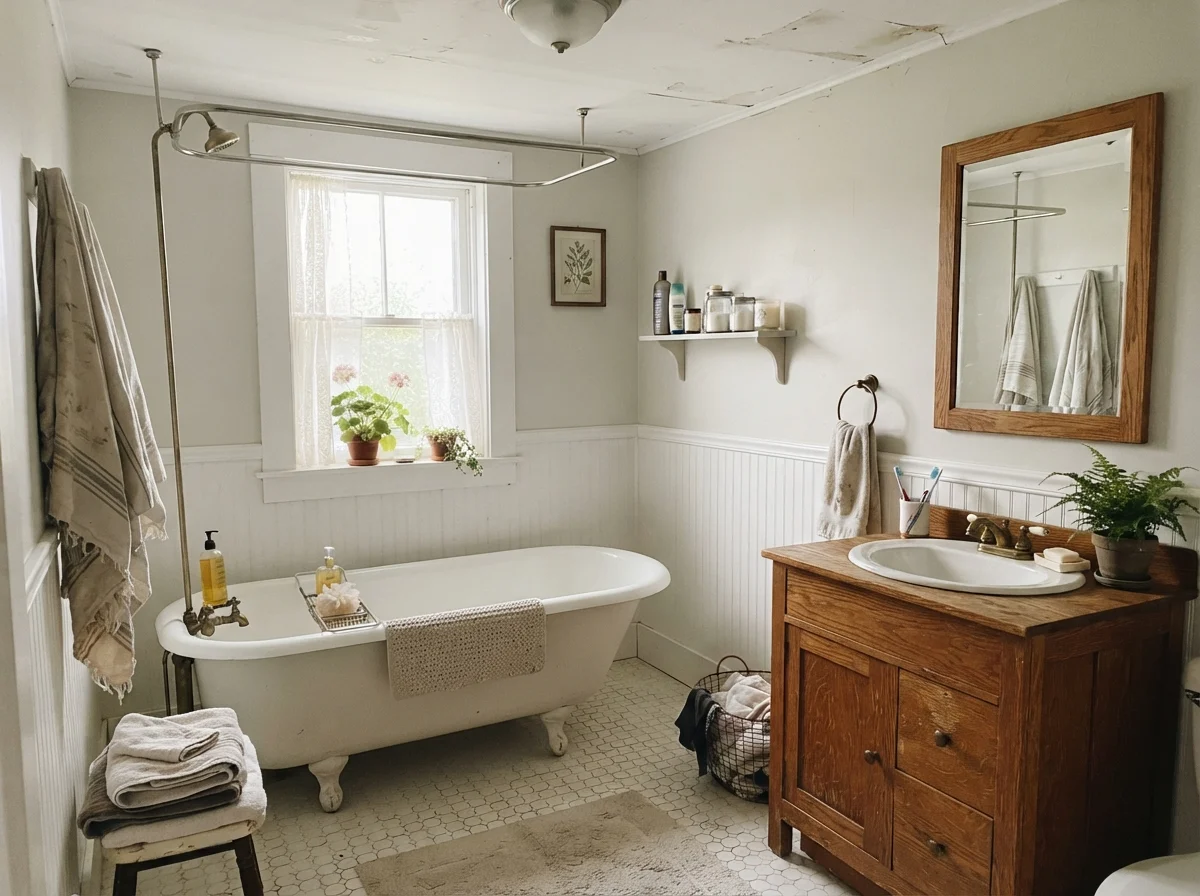 Cottage bathroom with white clawfoot tub, white hex tile floor, oak vanity, and painted walls.