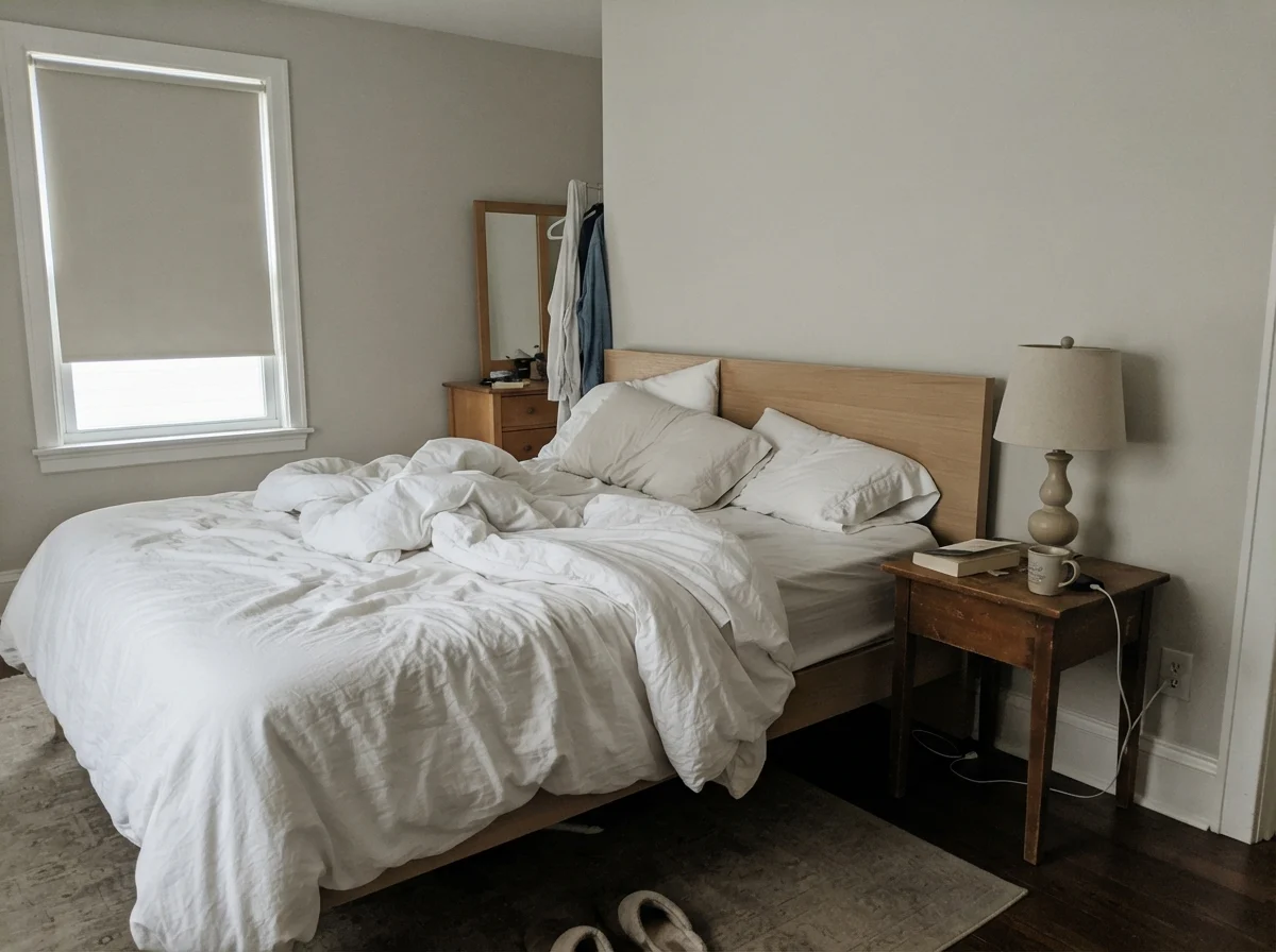 Simple bedroom with unmade white bedding and pale, washed-out painted walls in cool morning light.