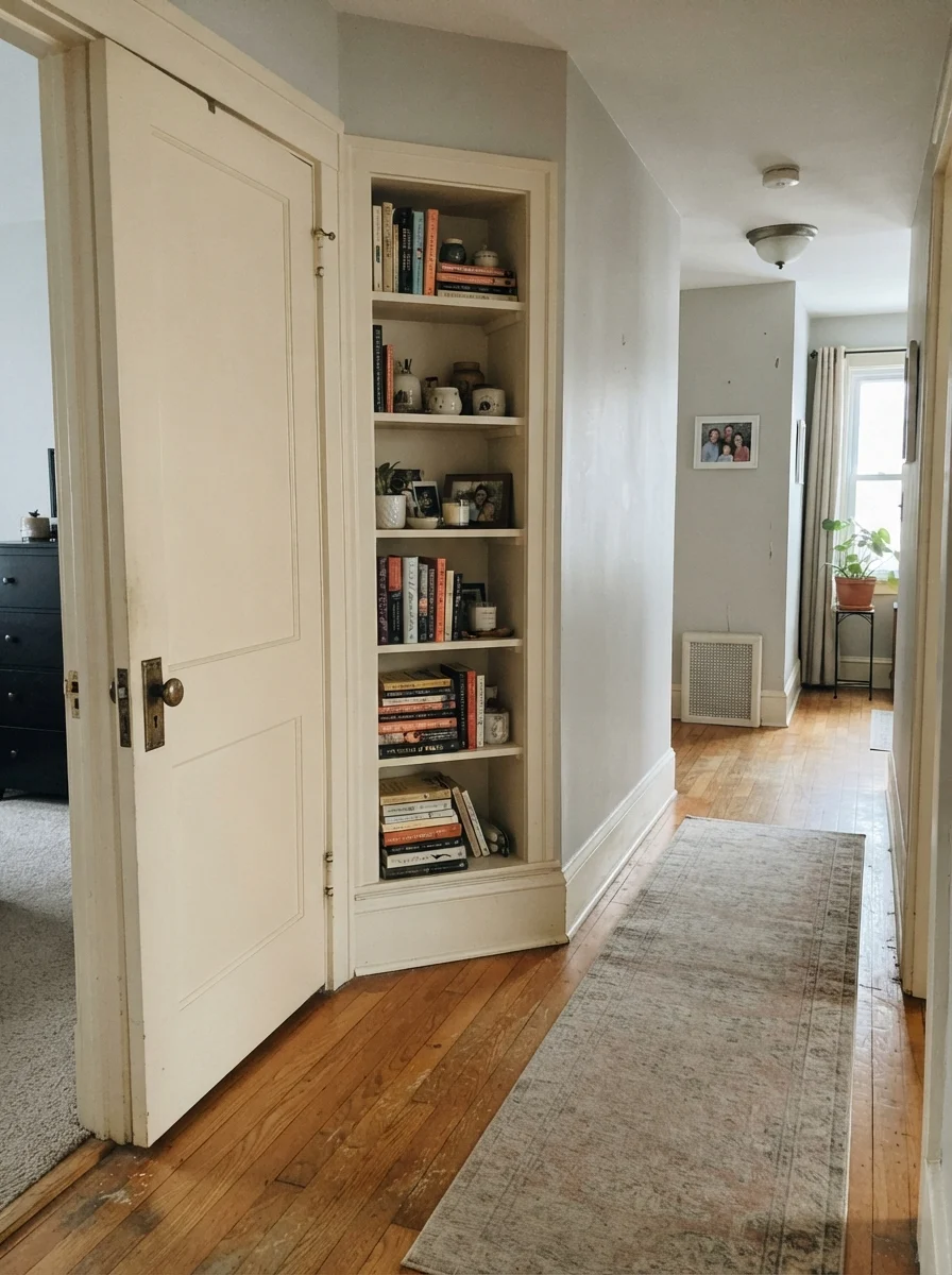 Hallway with painted two-panel door and built-in bookshelf against cream walls.