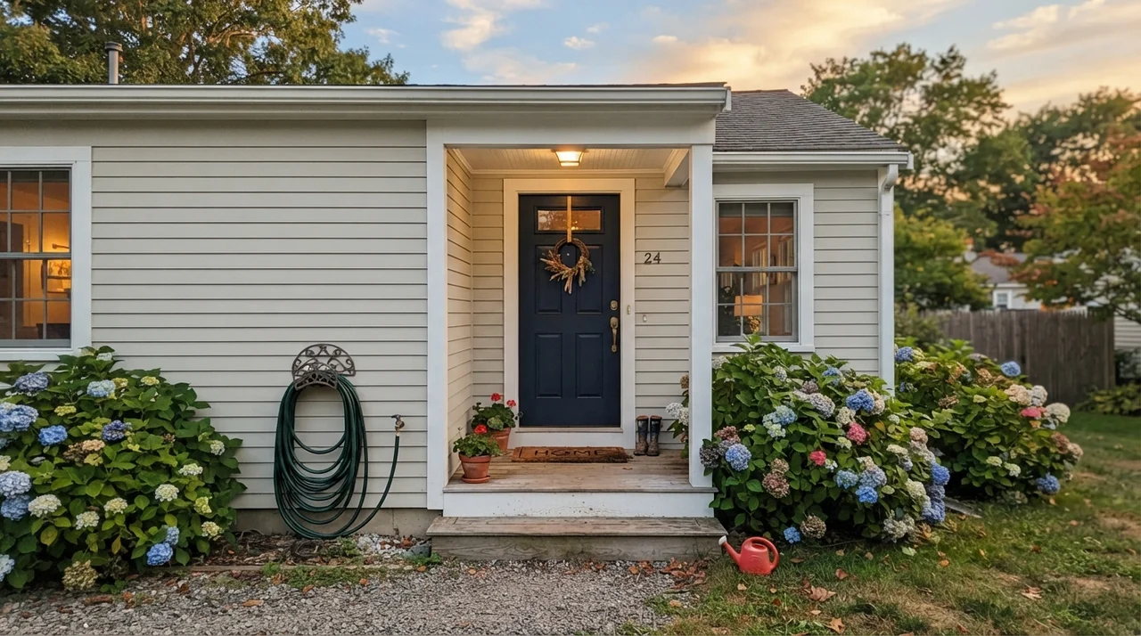 House exterior with painted siding, white trim, dark navy door, hydrangea bushes, and porch.