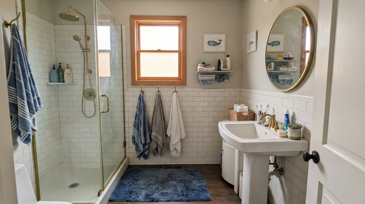 Family bathroom with painted upper walls above white subway wainscot and brass shower fixtures.