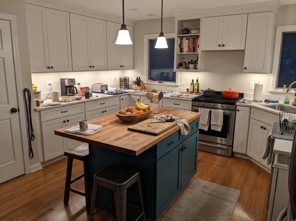 Family kitchen with painted island, white cabinets, cream walls, and everyday clutter.