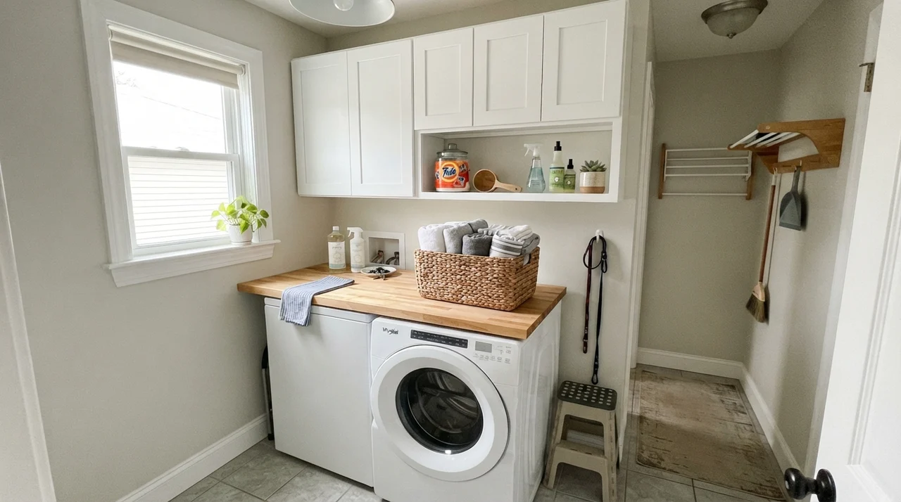 Small bright laundry room with butcher block counter and painted walls.