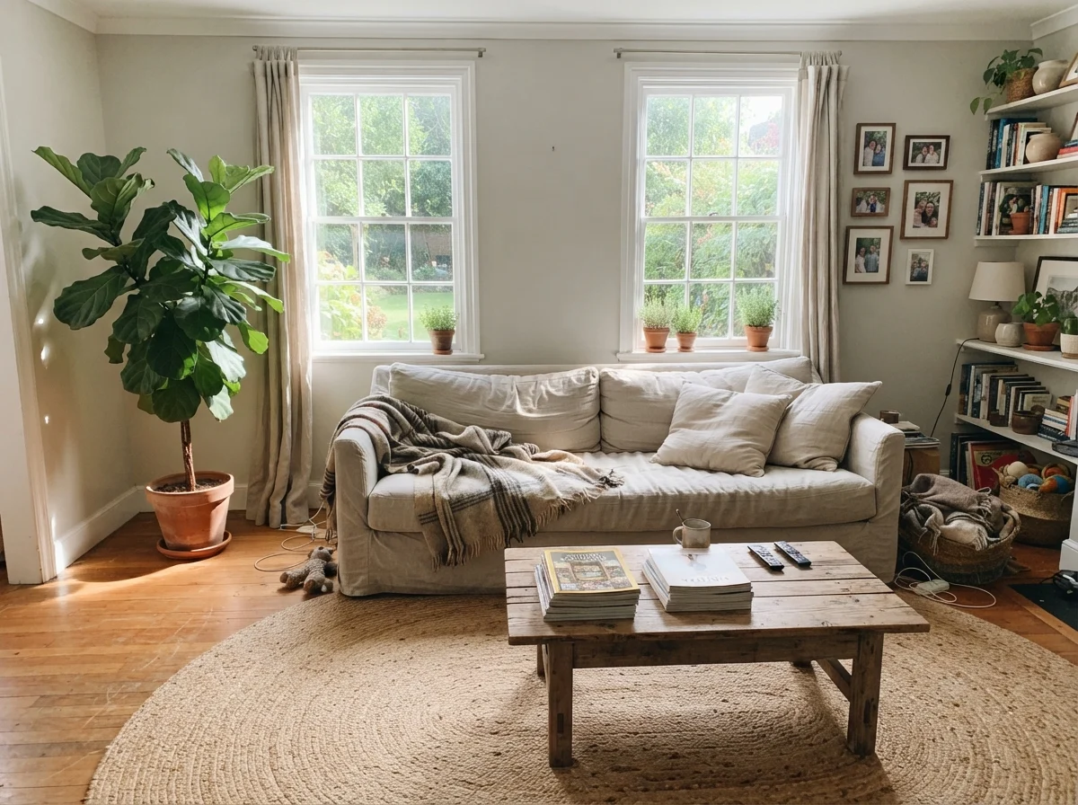 Living room with painted walls, linen sofa, rumpled throw, magazines on coffee table, and large potted plant.