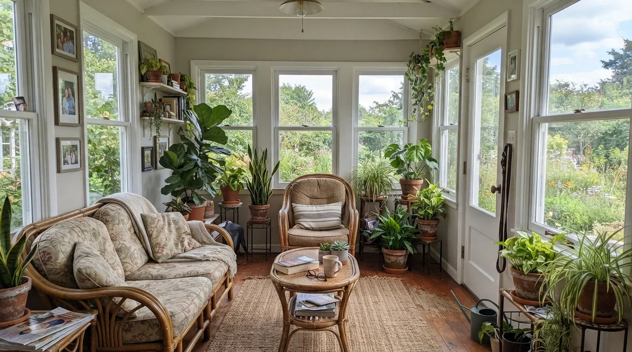 Sunroom with white-framed windows, painted wall sections, rattan furniture, and terracotta pots.