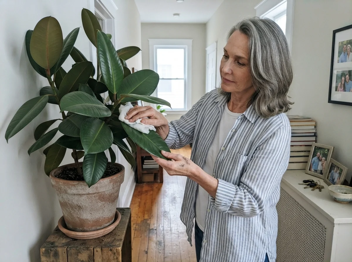 Susan wiping rubber tree leaves in a bright hallway painted in pale gray.