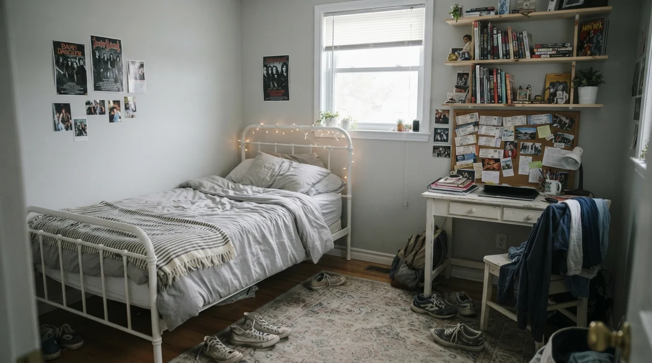 Teenager's bedroom with white desk, corkboard, open shelves, and painted walls.