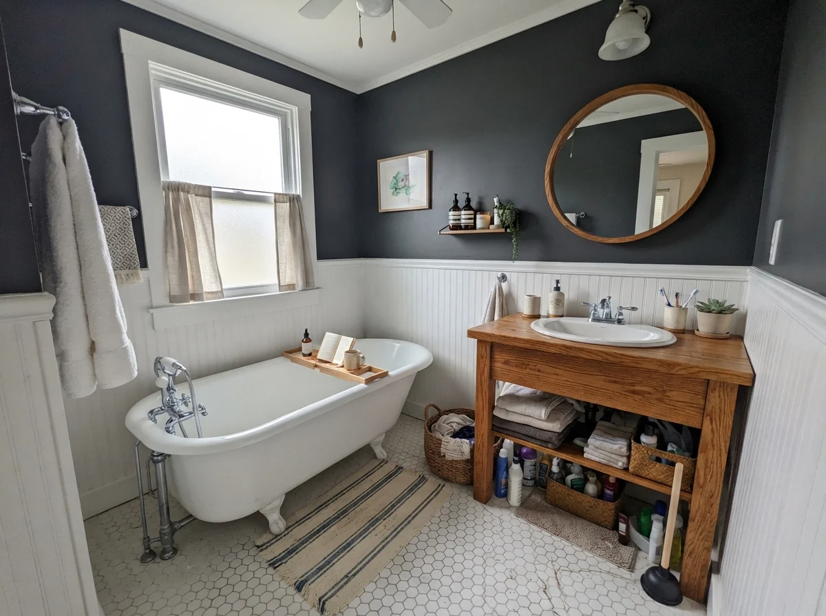 Cottage bathroom with white clawfoot tub, white hex floor, warm oak vanity, and painted Cyberspace walls