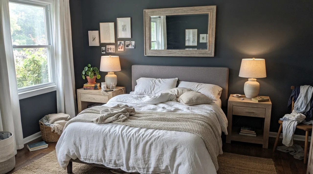 Serene main bedroom with Cyberspace walls, white linen bedding, oak nightstands, and ceramic lamps