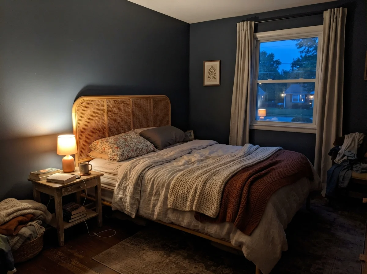 Bedroom at evening with warm lamp glow on Cyberspace wall, cane headboard, and cozy blanket