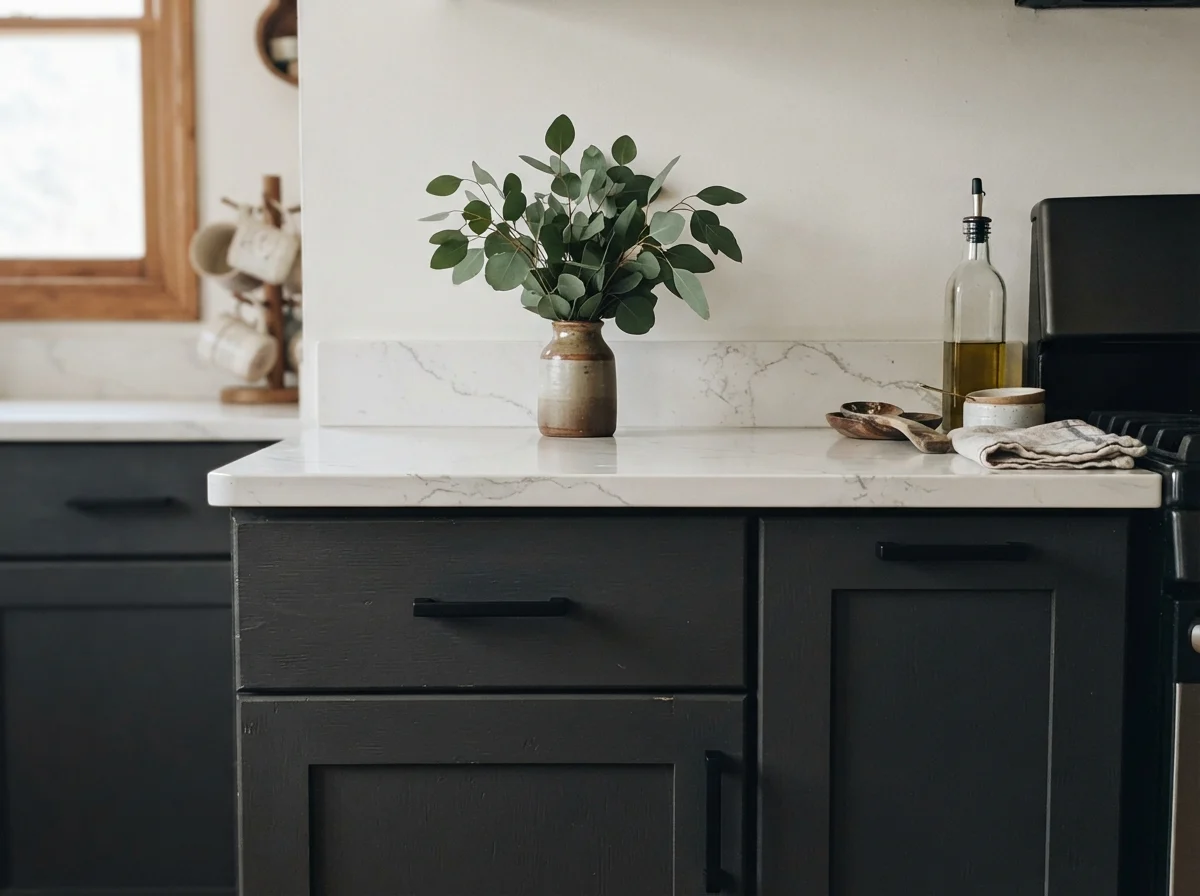 Close-up of painted shaker cabinet fronts in Cyberspace with matte black handles and white quartz counter