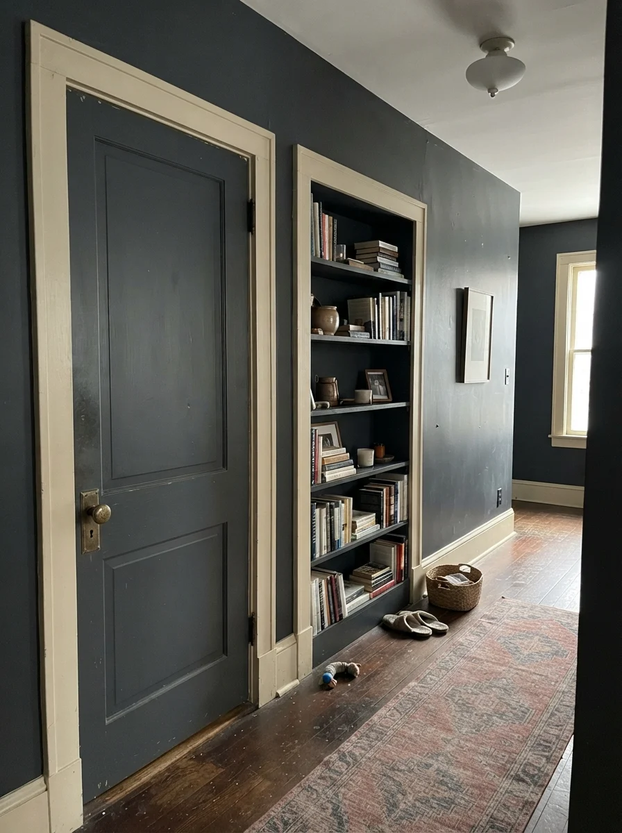 Interior hallway door and built-in bookshelf painted Cyberspace against cream walls with brass doorknob