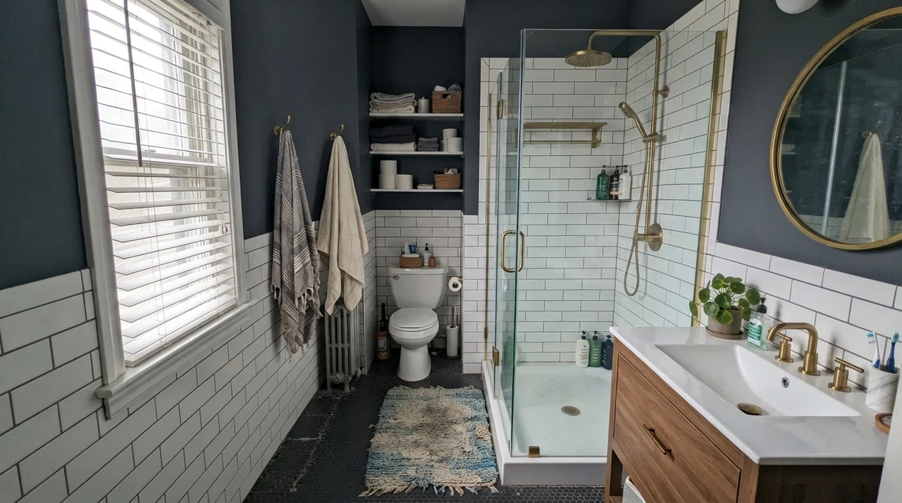 Family bathroom with Cyberspace painted upper walls above white subway tile wainscot, glass door, brass shower fixtures, and bath mat
