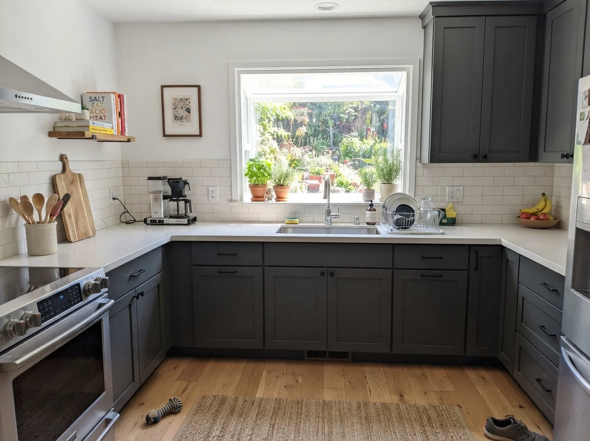 Kitchen with Cyberspace shaker cabinets upper and lower, white backsplash, white counters, and light oak floor