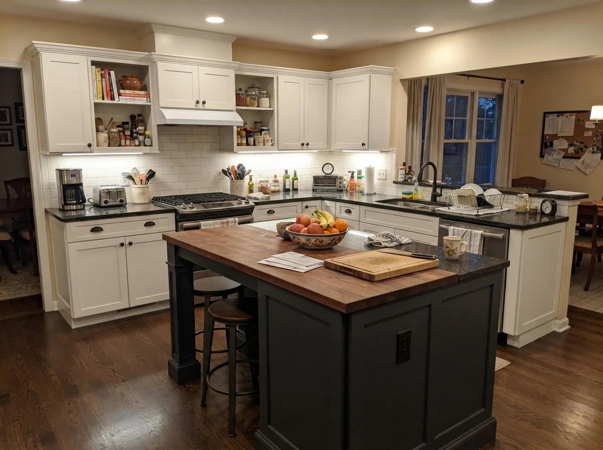 Kitchen island painted in Cyberspace surrounded by white cabinets and everyday family clutter
