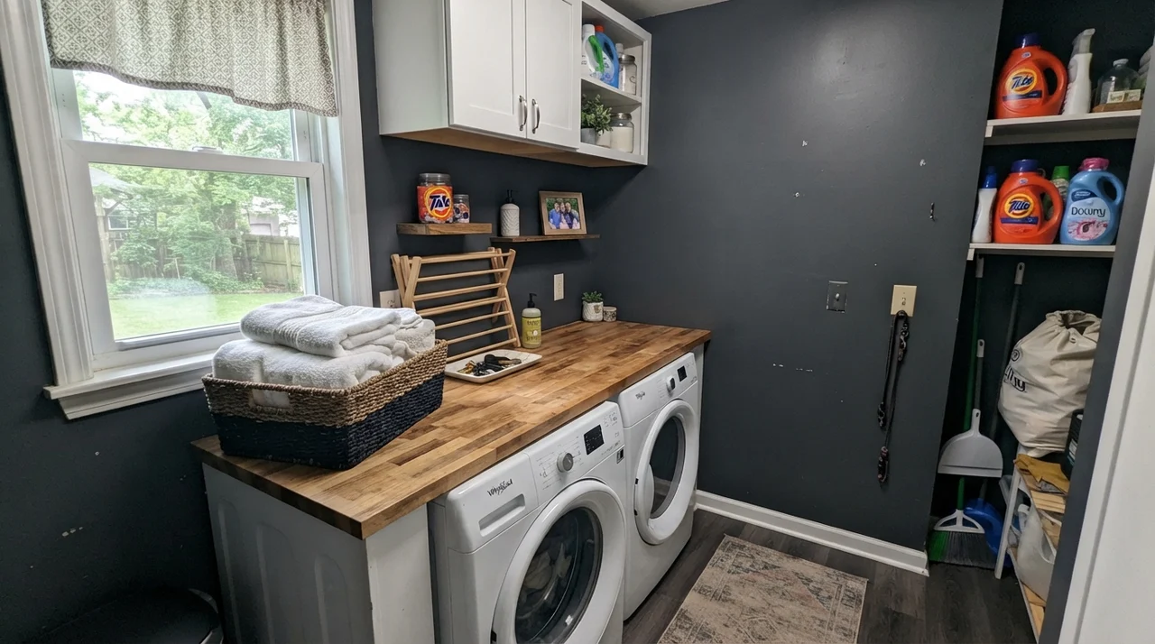 Laundry room with Cyberspace walls, white washer dryer under butcher block, and white cabinets
