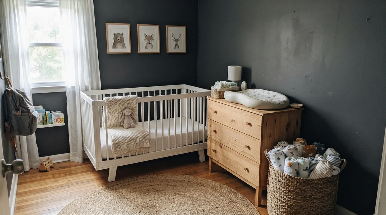 Nursery with Cyberspace walls, white crib, light-wood changing table, and woven basket