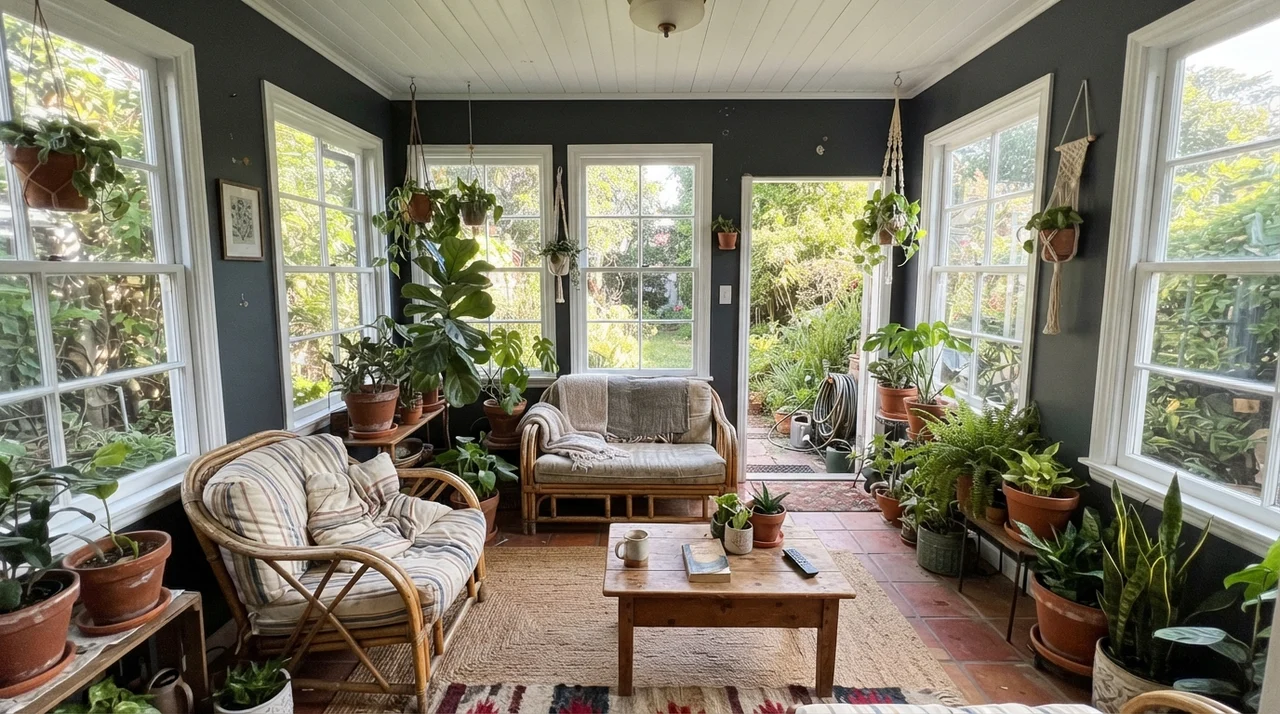 Sunroom with Cyberspace painted walls between white windows, rattan furniture, and terracotta pots