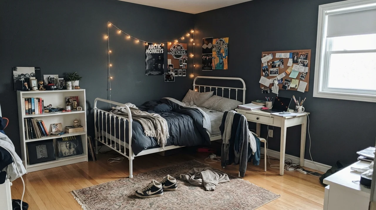 Teenager's bedroom with Cyberspace painted walls, white bed frame, small desk, open shelves, and sneakers