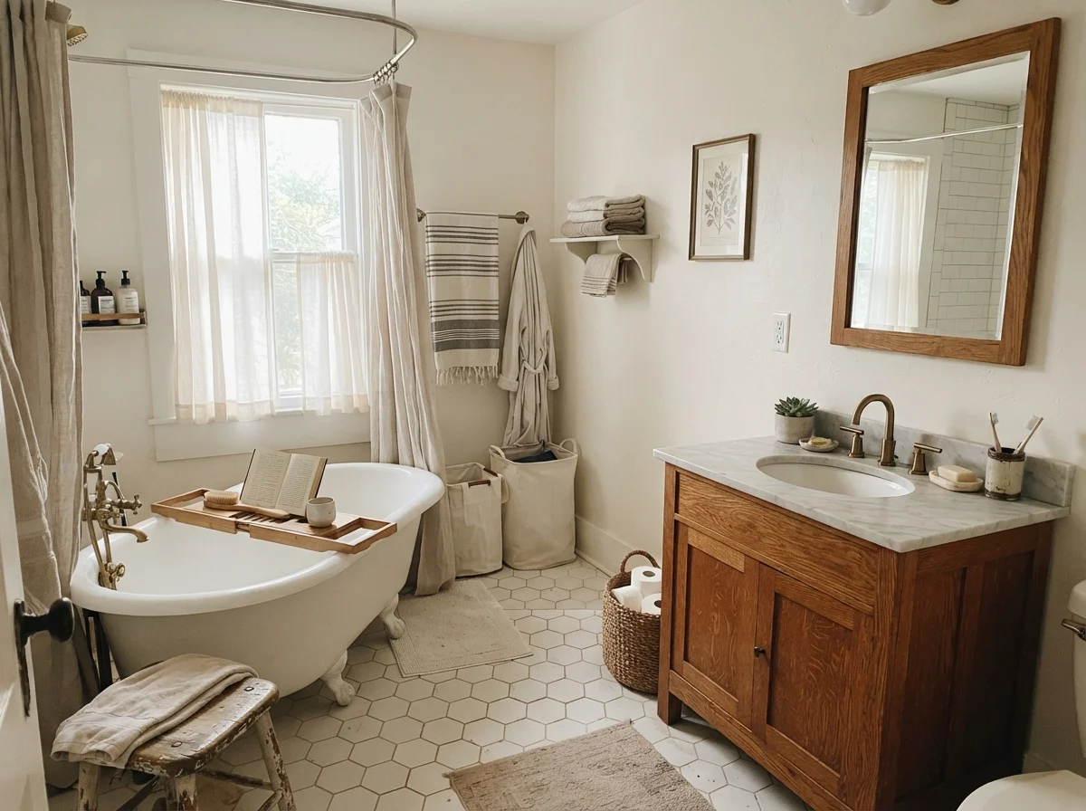 Cottage bathroom with white clawfoot tub, white hex floor, and warm oak vanity.