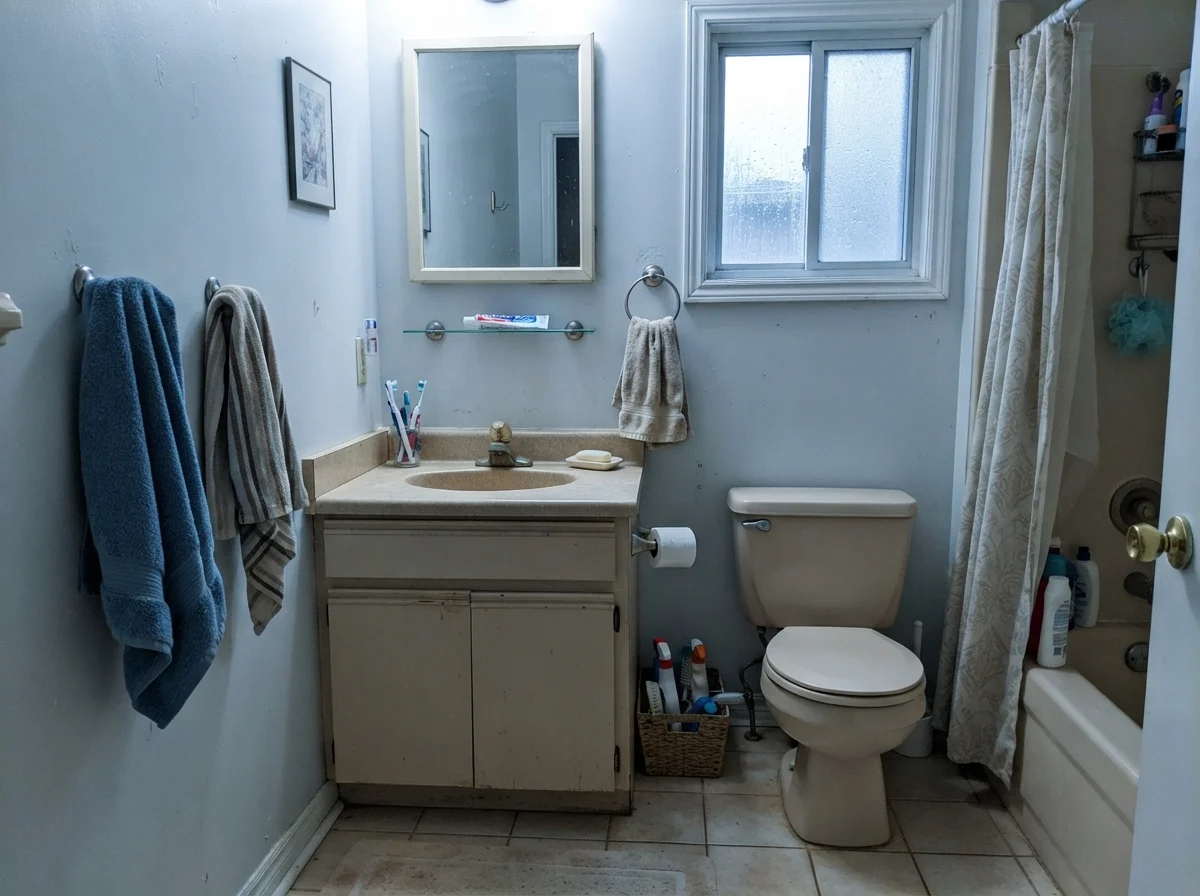 Dated bathroom showing cool light cast on walls beside an older beige vanity and toilet.