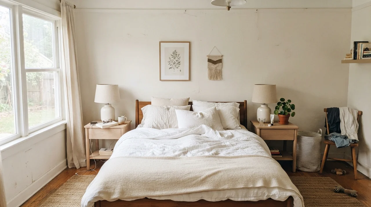 Main bedroom with white linen bedding, pale oak nightstands, and ceramic lamps.